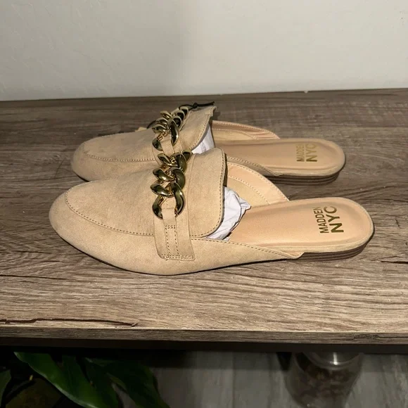 Madden NYC Tan Suede Chain-Trim Slip-On Mules - Picture 3 of 4